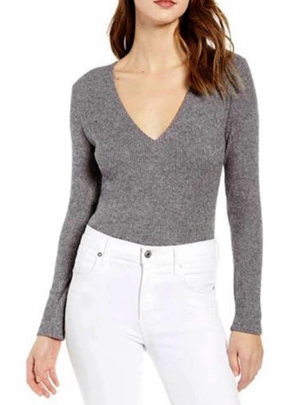 Socialite Ribbed V-Neck Long Sleeve Bodysuit - Charcoal